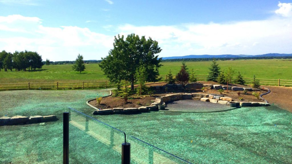 A view of an outdoor pool with trees in the background.