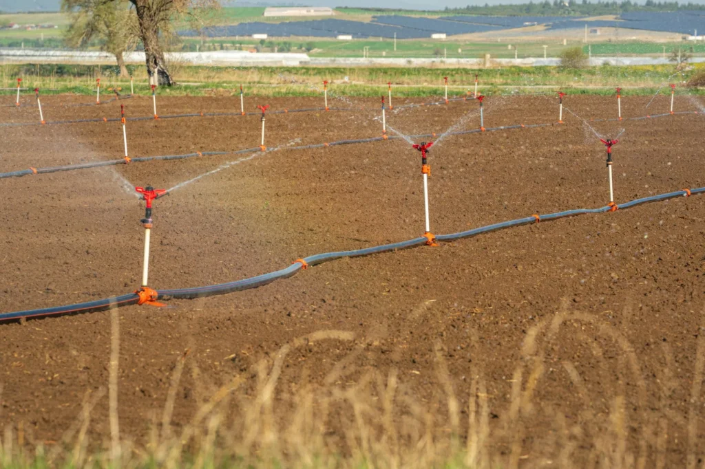Current image: Portable sprinklers watering a newly hydroseeded acreage without permanent irrigation